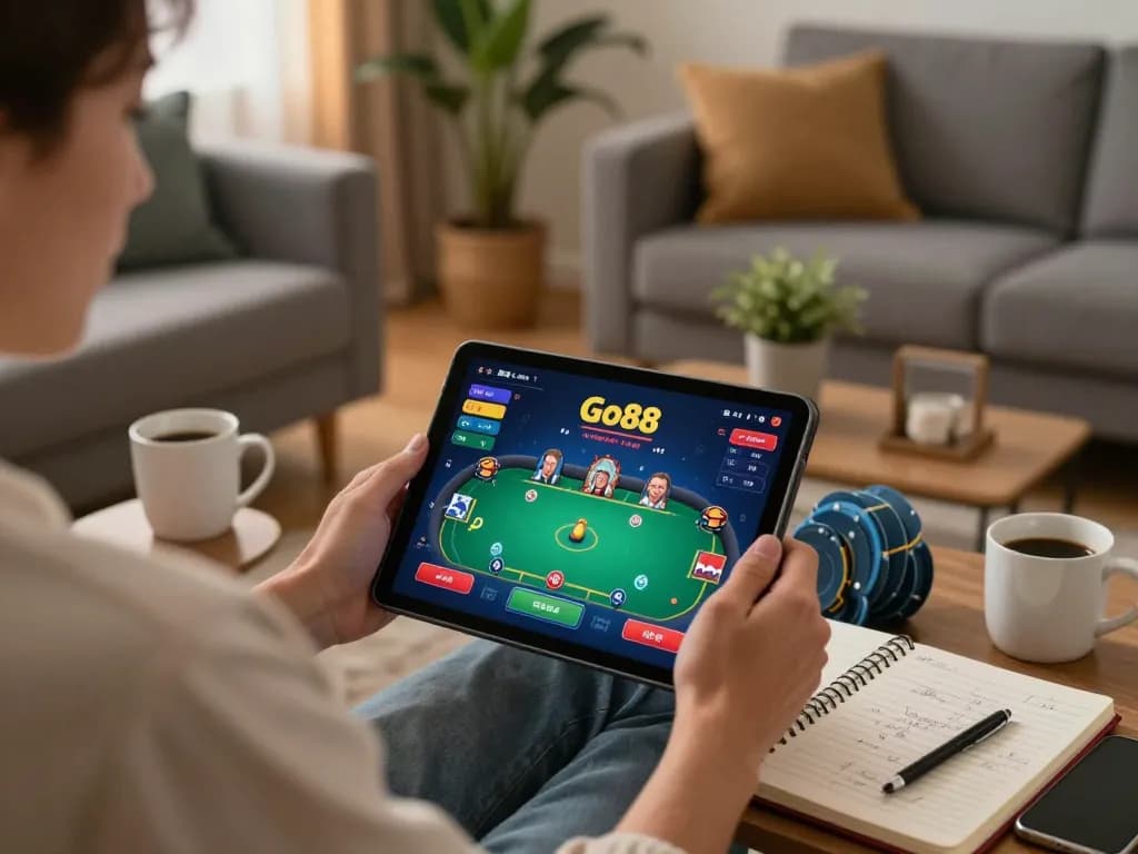 Engaging with Go88 app on a tablet while enjoying a cozy home gaming atmosphere
