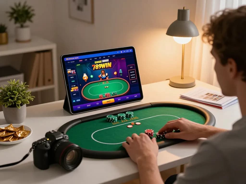 Engage in live poker gameplay on trang chu 789win with a colorful tablet interface, highlighting an inviting home gaming setup.