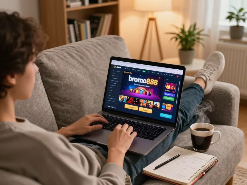 bromo888 player enjoying online slots from their cozy home setup, showcasing strategic gaming atmosphere.