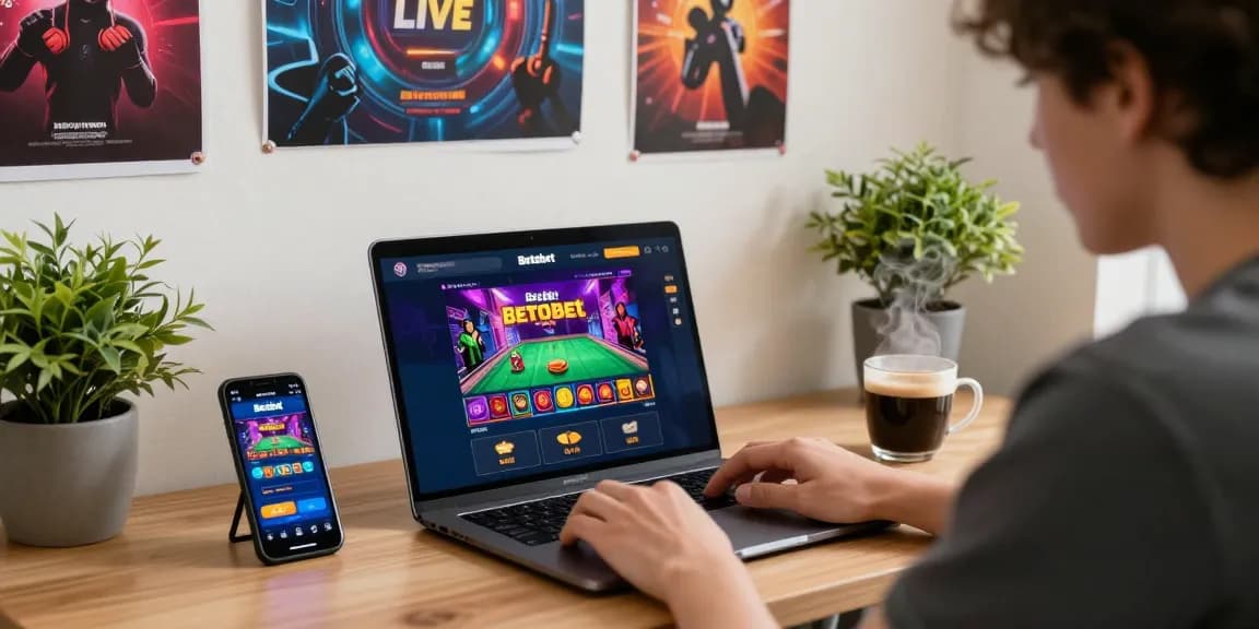 Engaging with Betebet online gaming platform in a cozy workspace with vibrant decor.