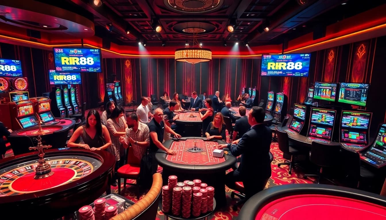 Engaging players at RR88 Casino showcasing excitement around roulette and poker tables.