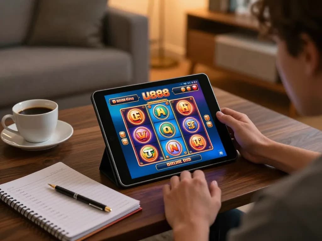 Player exploring U888 casino slots on a tablet in a cozy, inviting home setting.