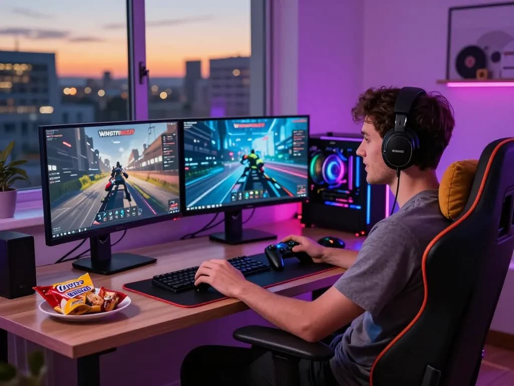 Engaging Winstrike69 gaming session with monitors and snacks in a modern setup