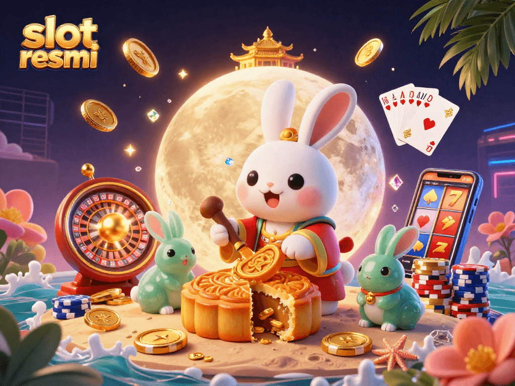 Experience the excitement of slot resmi with golden mooncakes revealing poker chips in this vibrant casino scene.
