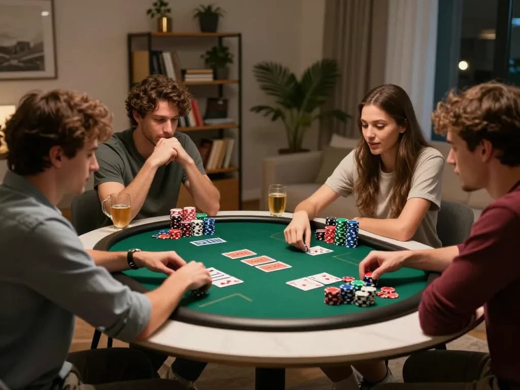 Teman-teman yang bersemangat bermain slot dasi4d di ruang tamu yang nyaman, dikelilingi oleh chip poker dan minuman.