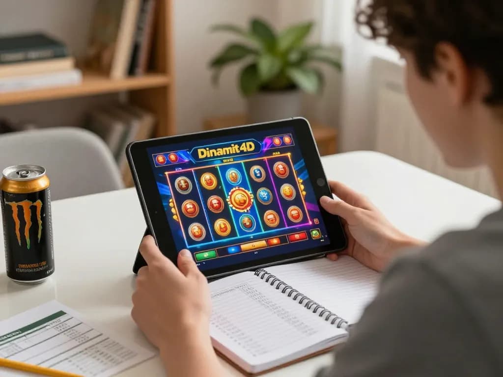 Player engaging with Dinamit4D casino games on tablet, home setting with cozy atmosphere.