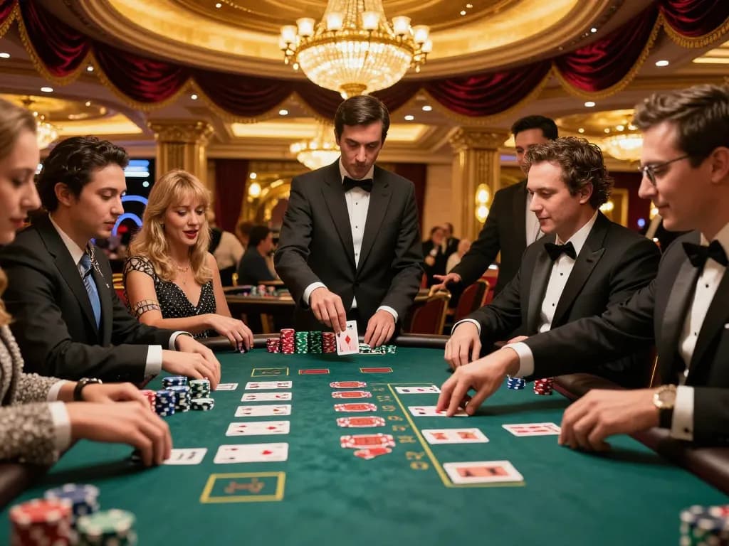 Players enjoying a thrilling blackjack game at a luxurious casino table with leci123a ambiance, showing dealer and chips.