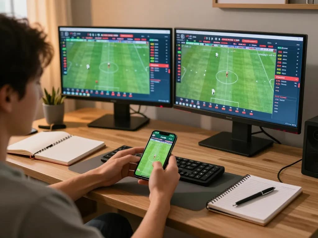 Person placing bets using kèo nhà cái on smartphone during a live sports event, showcasing modern online gambling
