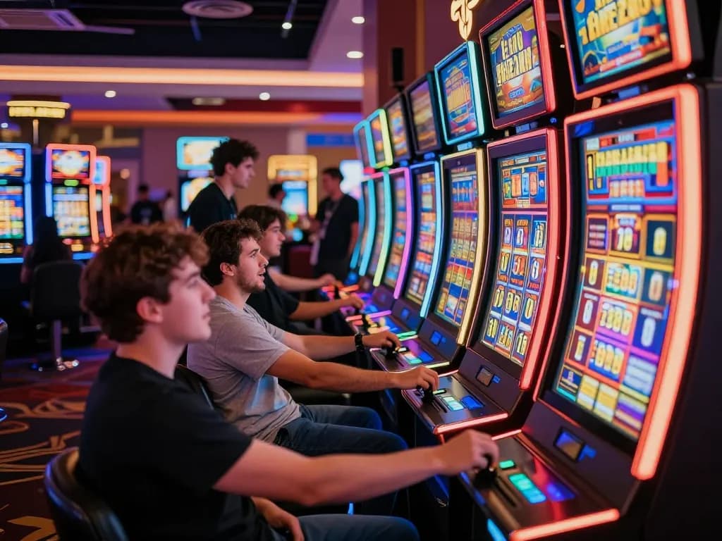 Players enjoying the thrill of Da88 slots in a vibrant casino atmosphere, with reels aligning for big wins.