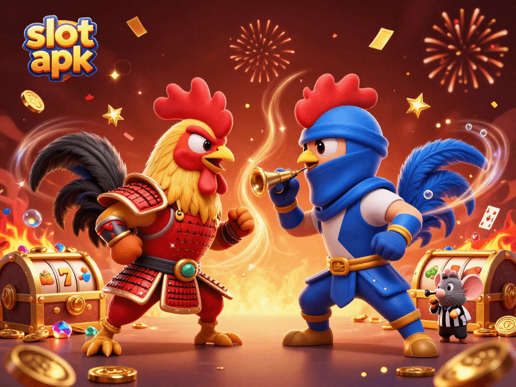 Engage with exciting slot apk action in this dynamic 3D illustration of roosters and casino elements.
