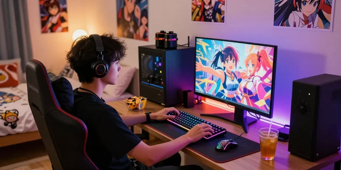 Engaged gamer playing an ecchi game in a vibrant, cozy setting.