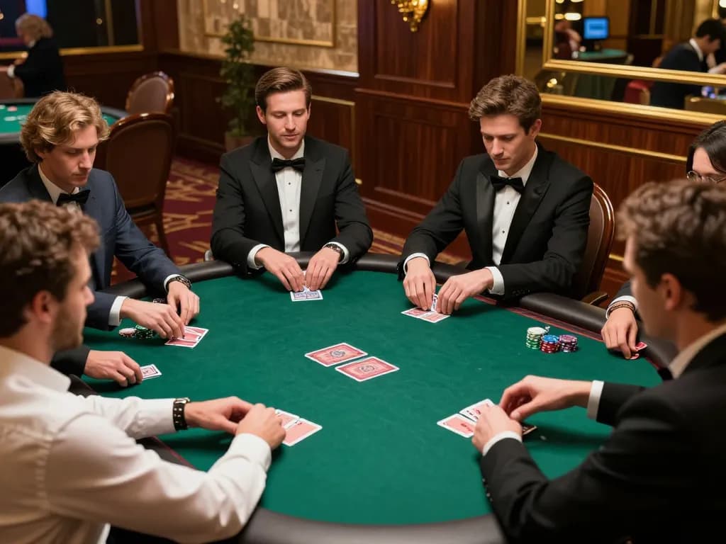 Engaged players enjoy a thrilling game at nhà cái 8xbet poker table in a luxurious casino setting.