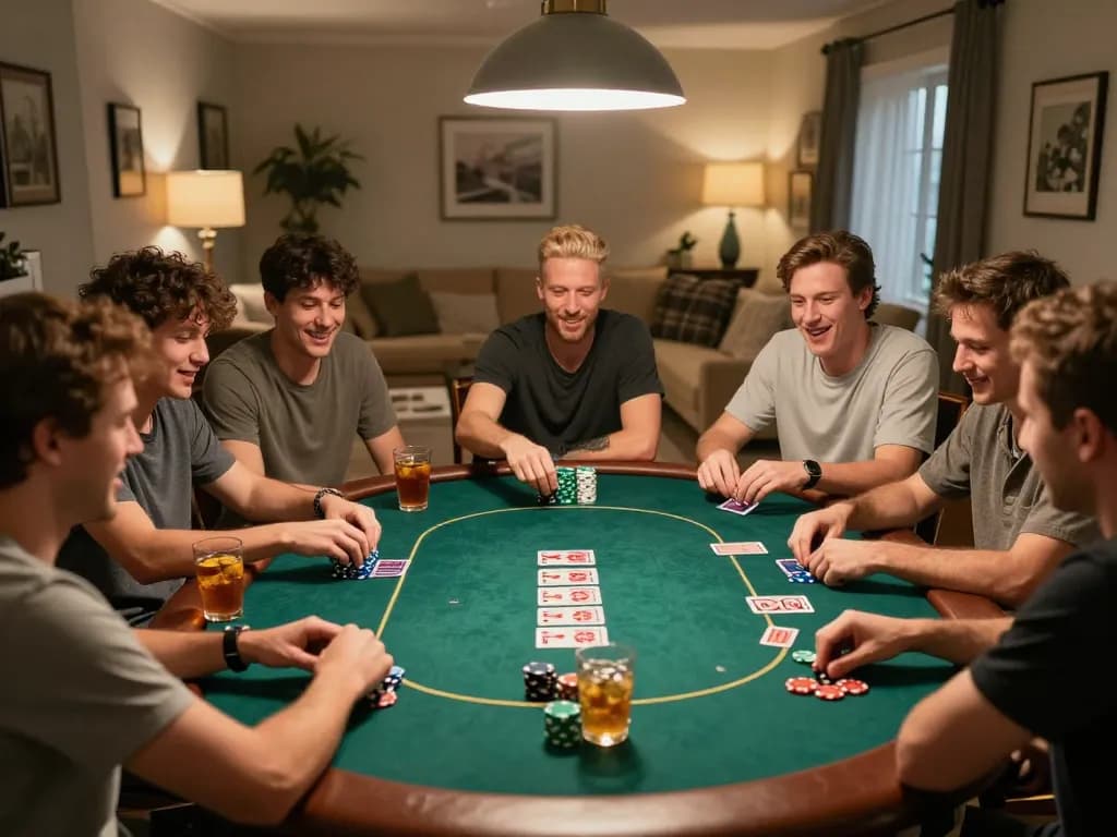 Friends engaged in an intense poker game at home showcasing responsible gambling with Sunwin strategy.