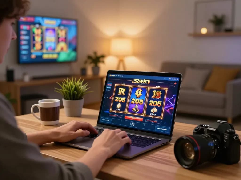 Player enjoying 32win slot games on a laptop in a cozy gaming setup