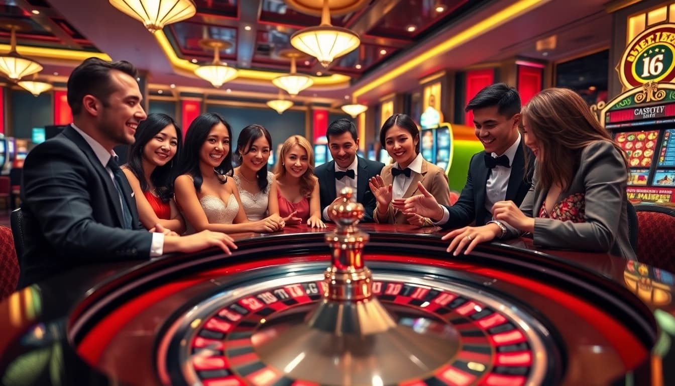 Rasakan kegembiraan dengan Datukwin Alternatif saat para penjudi terlibat di meja roulette kasino mewah.