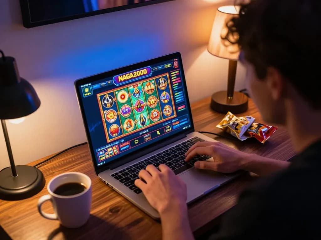 NAGA2000 player strategizing on a laptop for online gaming, cozy home atmosphere.