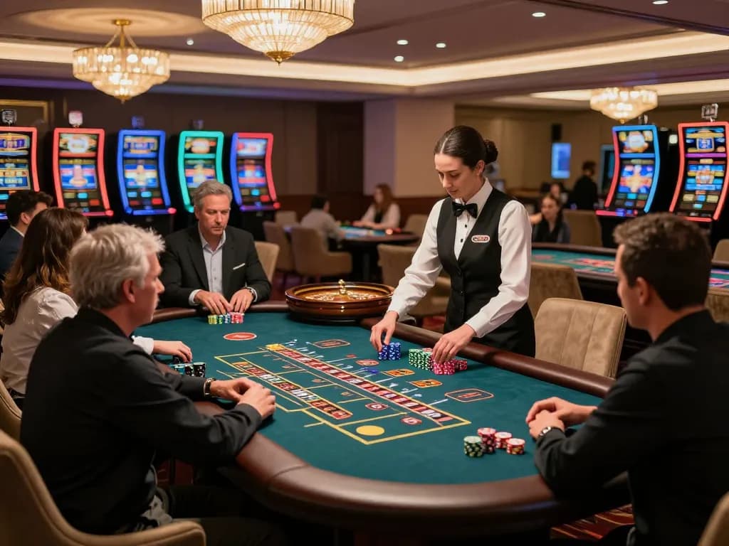 F8BET players enjoying a thrilling roulette game in a luxurious casino atmosphere.