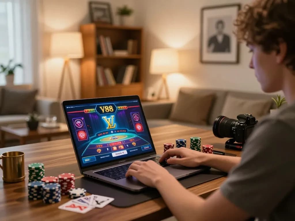 Player enjoying online casino at home with LV88 platform on a laptop, showcasing a relaxed atmosphere