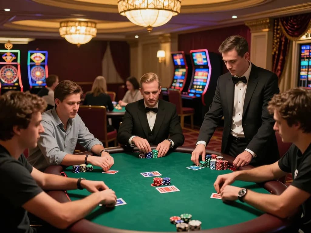 Experience vipwin excitement at a luxurious poker table, with focused players and vibrant chips.