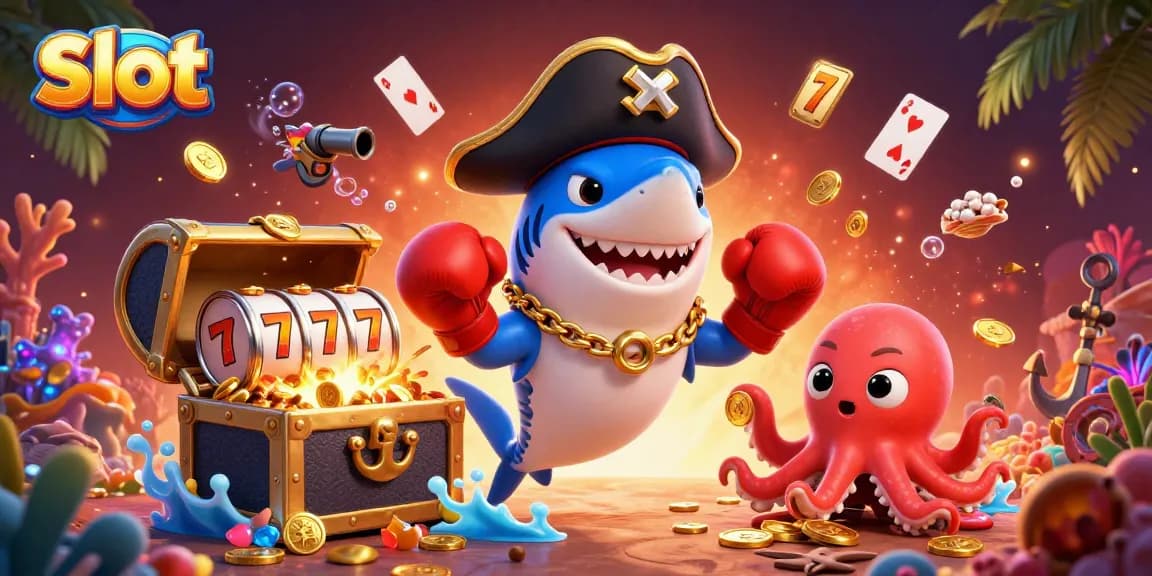 Putaran slot yang menggigit dengan karakter lucu dan koin emas di lautan.