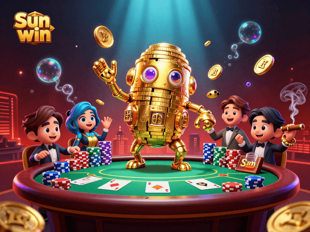 Engage with the exciting world of Sun win at the vibrant poker table with glowing casino elements.