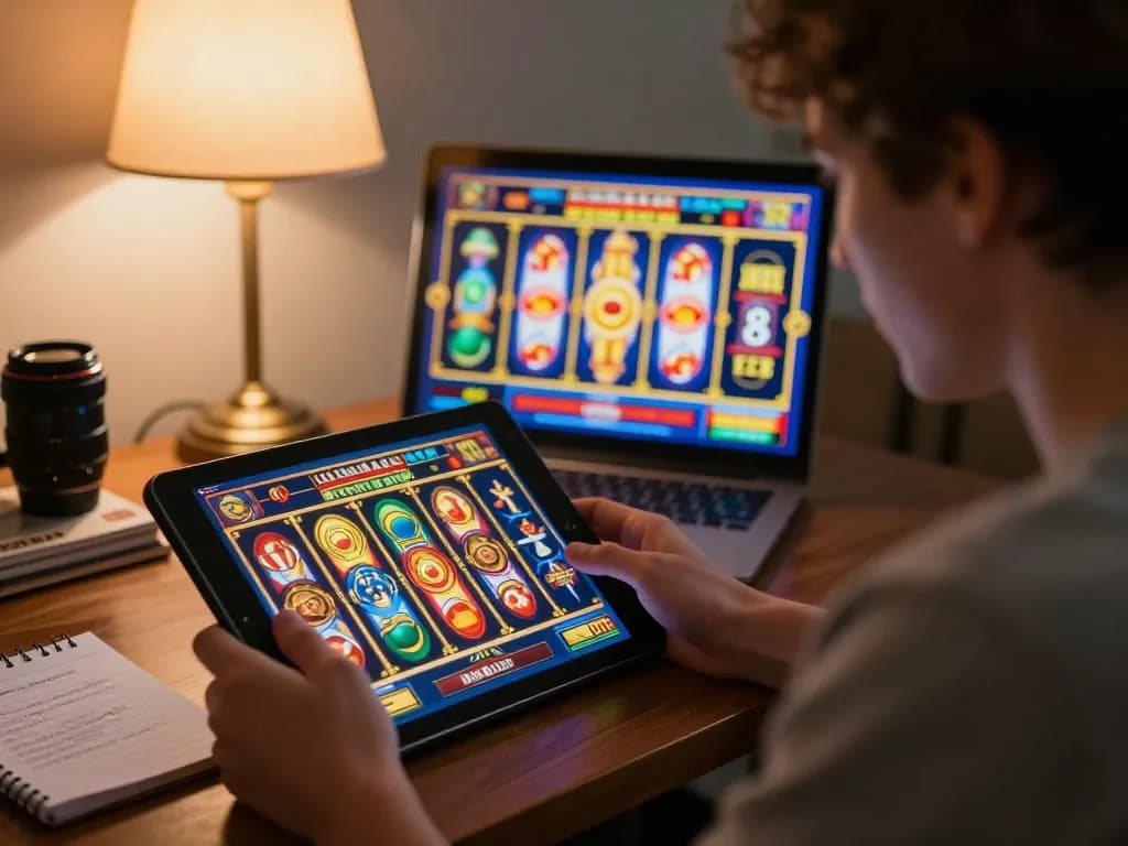 N188 player enjoys online slot game on tablet, showcasing responsible gaming in cozy home setting