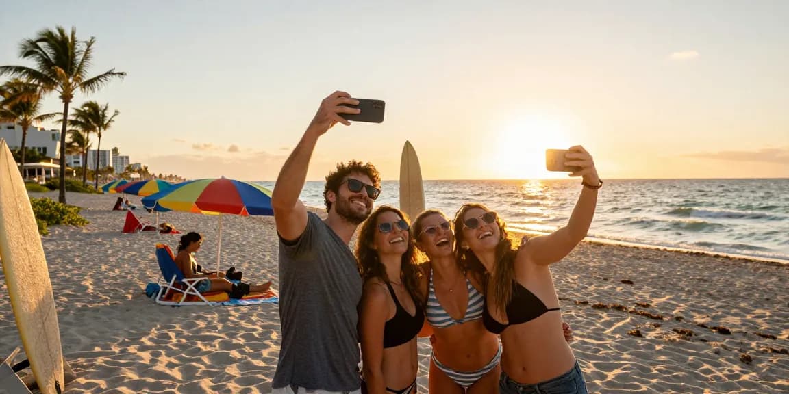 Teman-teman menikmati sore di Miami Beach, selfie dengan latar belakang ombak dan payung berwarna-warni, https://miami4d.com/ mencerminkan suasana ceria.