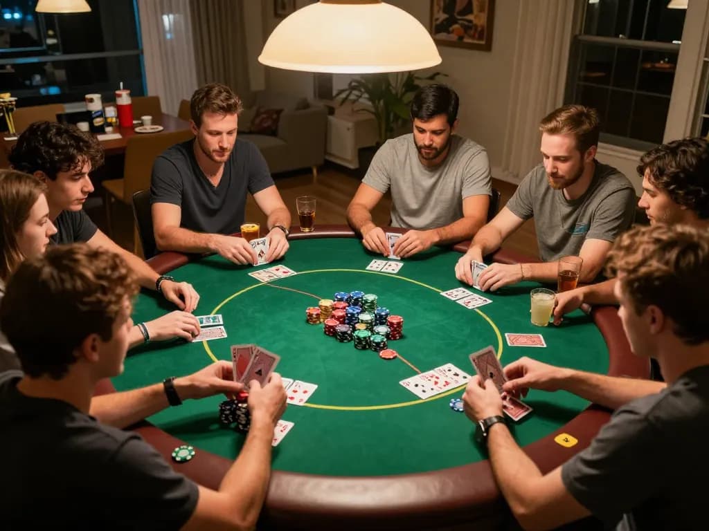 A lively poker night scene where friends enjoy their game, featuring the keyword link ggdewa777 amidst chips and cards.