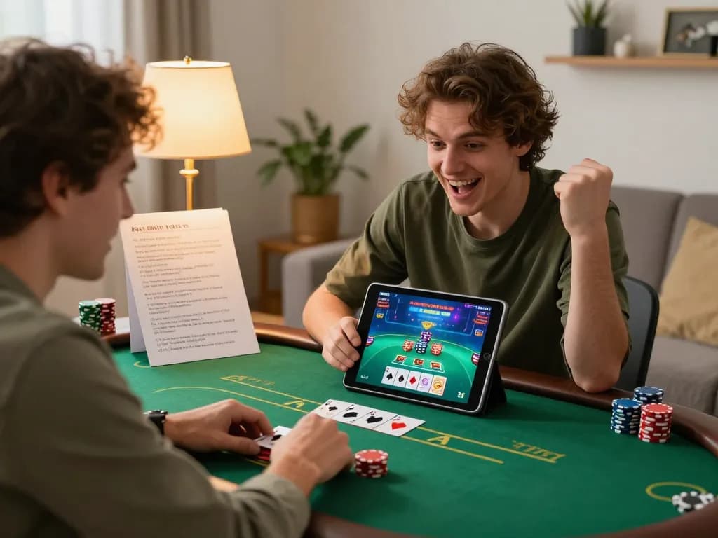 Player enjoying rik vip online poker on tablet with passionate strategy notes nearby