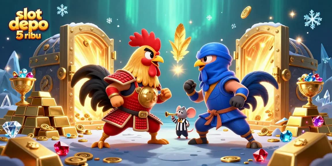 Experience thrilling wins in slot depo 5 ribu with a dramatic fighting rooster showdown illustration.
