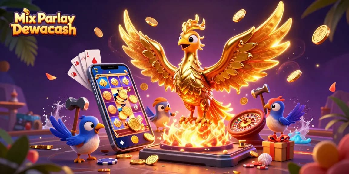Experience action with Mix Parlay Dewacash in this vibrant 3D casino illustration filled with games.