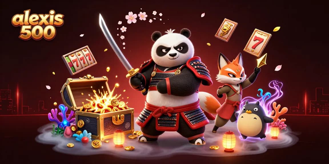 Experience the thrills of alexis 500 slots with samurai panda and ninja fox in a vibrant casino scene.