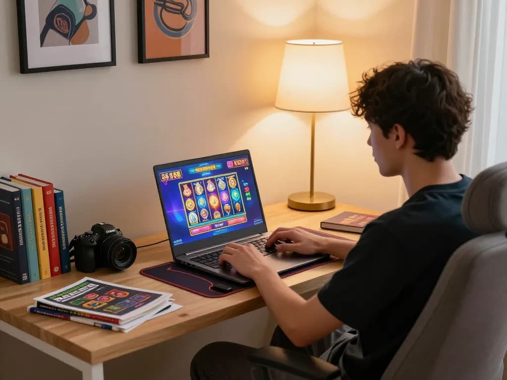 Player enjoying online casino experience with SC88 slot game on laptop, highlighting strategic engagement in gaming