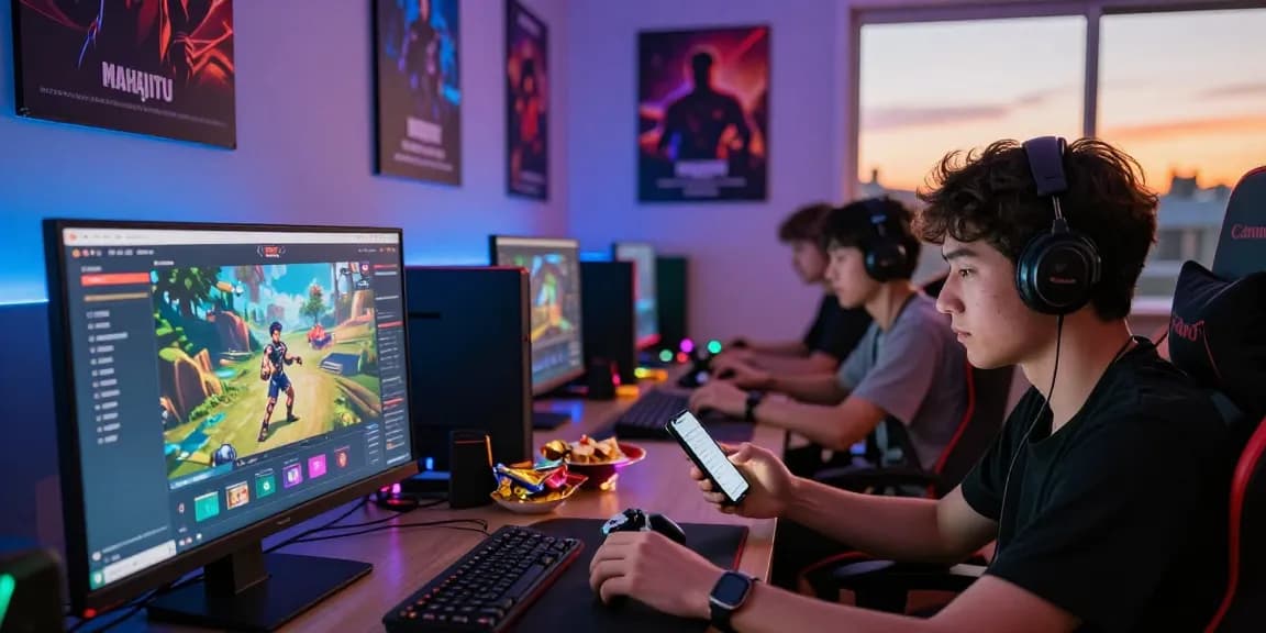 Excited gamers exploring Mahajitu platform and updates in a vibrant setting