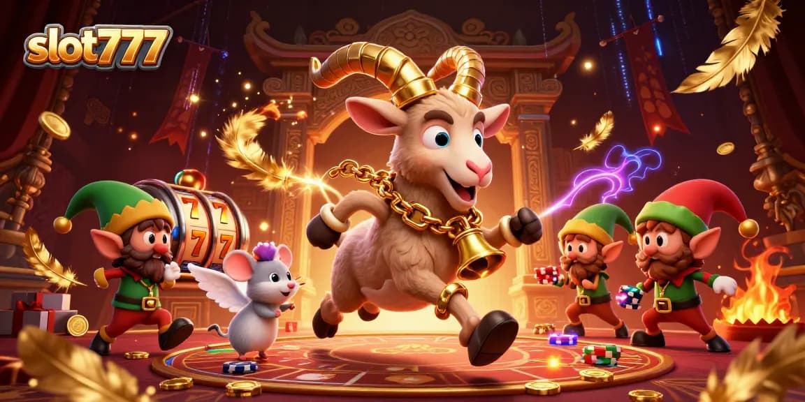 Experience thrilling fun at slot777 with Krampus and mischievous gremlins in a lively casino scene.