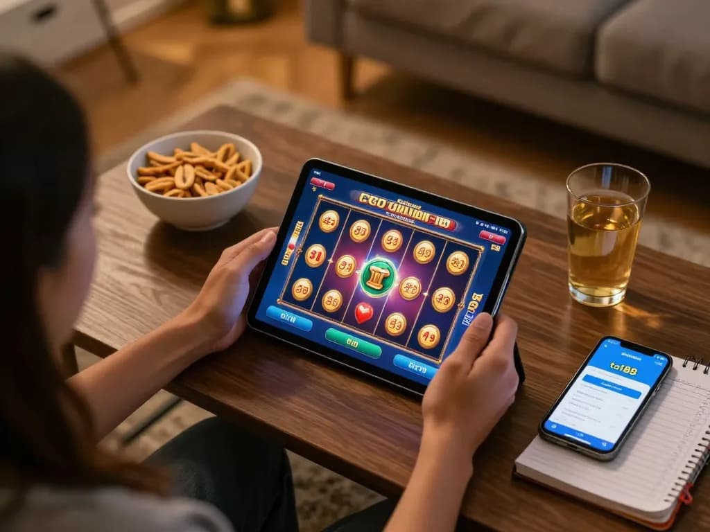 Player engaging in to188 online slots from the comfort of home, showcasing tablet gameplay.