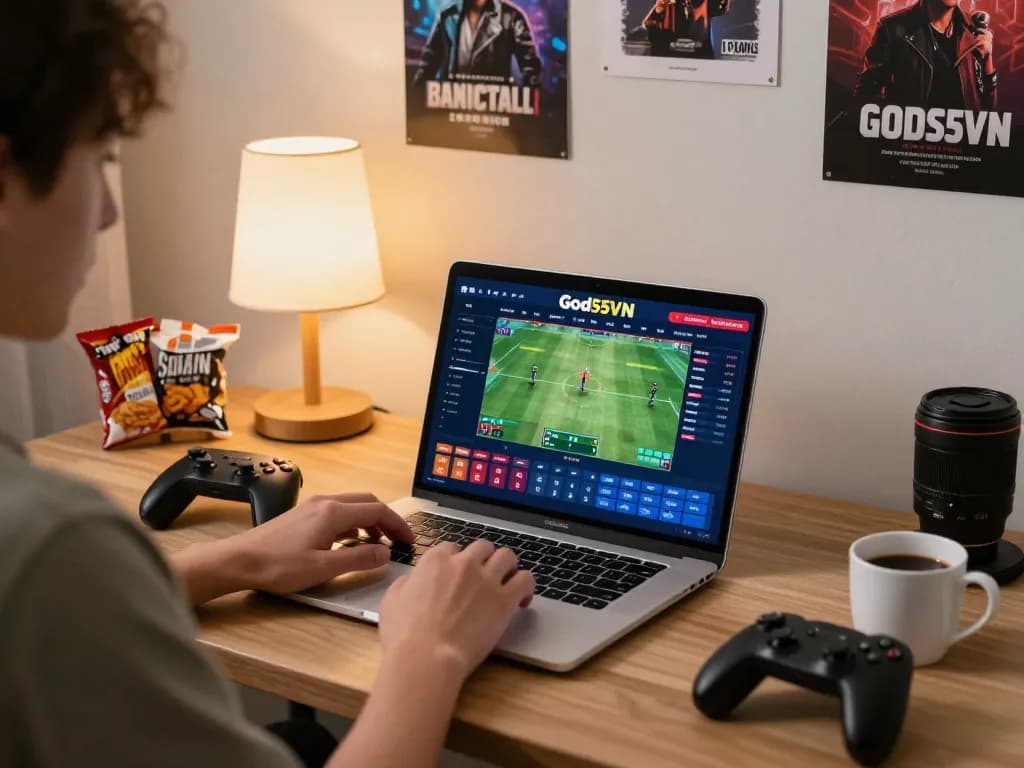 Engaging in thrilling online sports betting at God55VN with a laptop setup in a cozy home office.