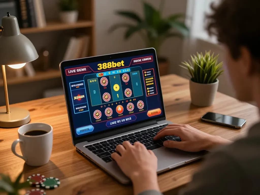 Engaged player enjoying 388bet's live dealer games on laptop with cozy home-style ambiance.