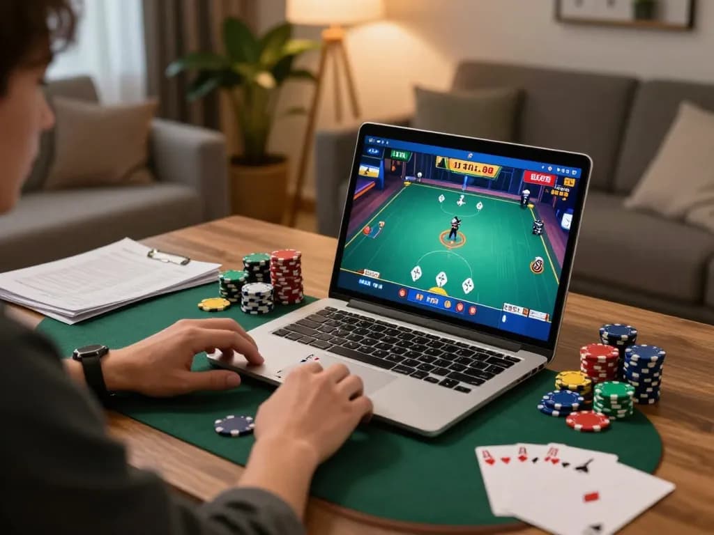 Player enjoying virtual poker game on laptop at home while practicing g28 strategy to improve odds