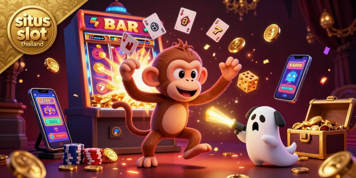 Situs slot thailand showcases a mischievous monkey juggling gold in a vibrant gambling scene with a curious puppy.