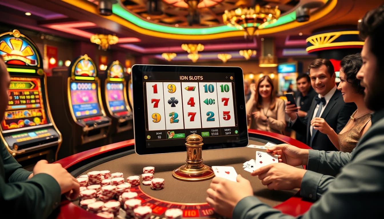 IDN slot interface showcasing exciting wins with casino chips and cards in a vibrant gaming environment.