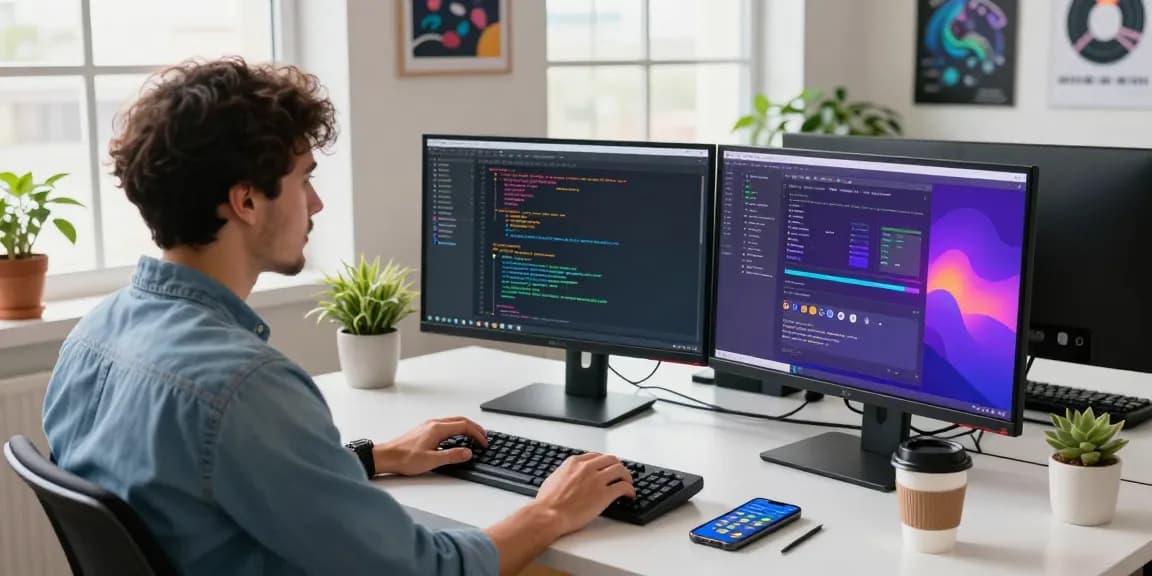 Interesanteng workspace ng software development sa bd188 na may mga monitor, laptop, at tasa ng kape.