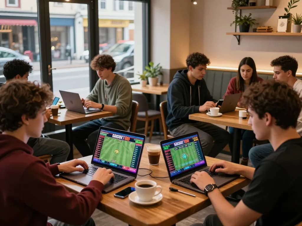 SBOBET88 interactive online betting scene in a lively café, showcasing diverse users engaged in sports betting.