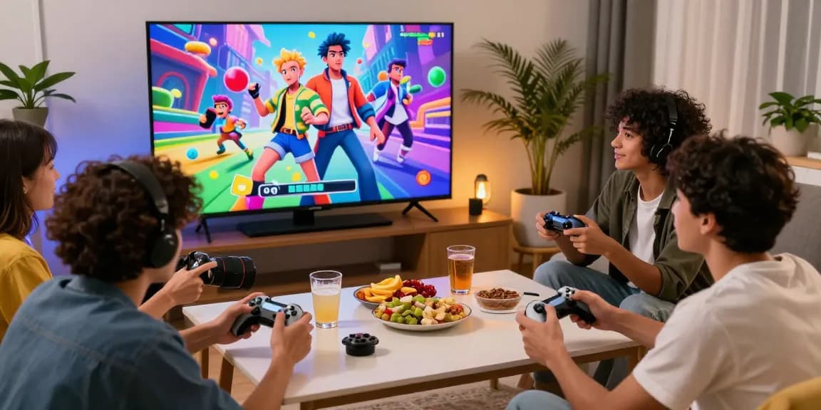 Exciting gaming scene with friends enjoying a gay hentai game in a cozy living room setting