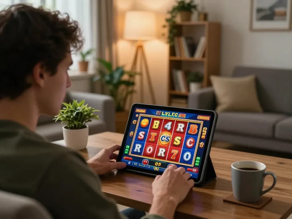 Engaging in online slots gaming, player enjoying situs slot in cozy home atmosphere with vibrant displays