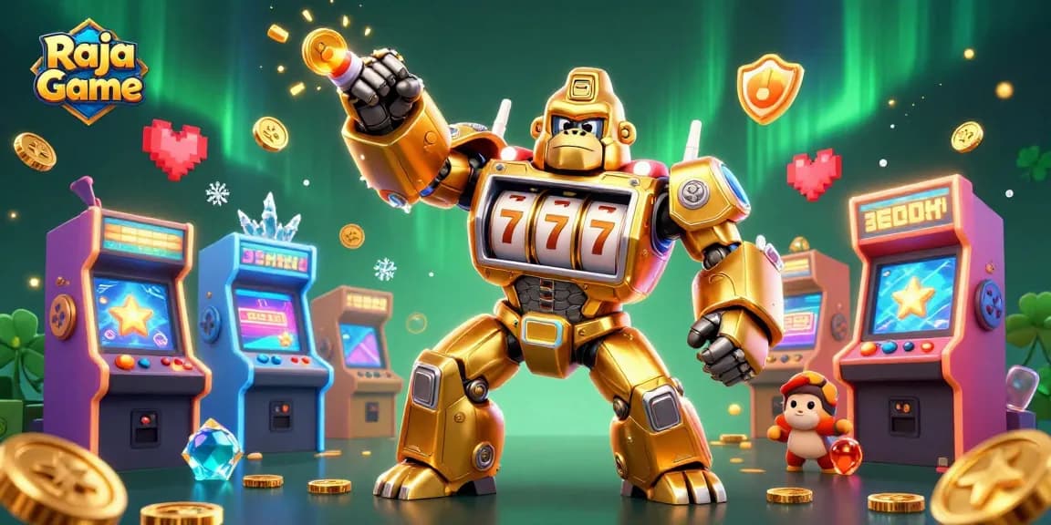 Experience the excitement of Raja Game with a transformer-style mech amidst vibrant arcade elements and casino themes.