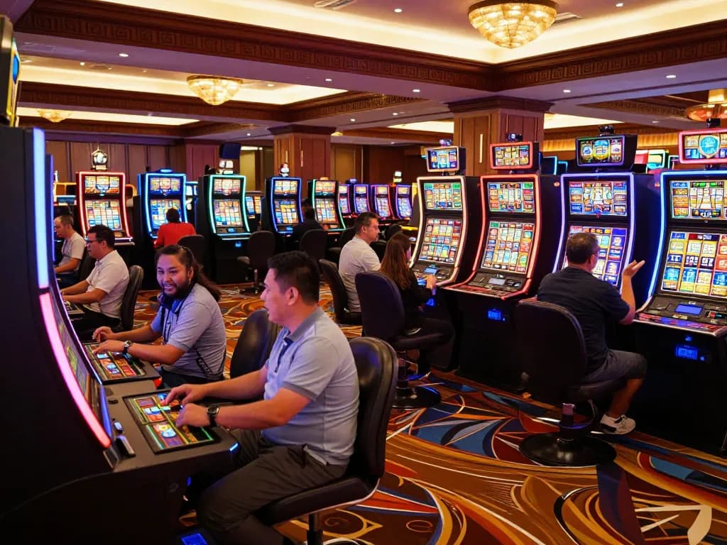 Players enjoying thrilling spins at IDCASH88's vibrant slot machines, showcasing excitement and engagement.