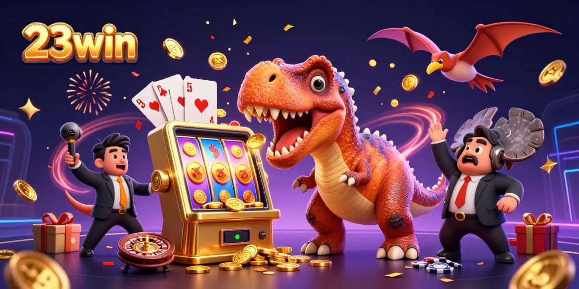 23win showcases a thrilling casino scene with a dinosaur winning jackpots and coins flying around.