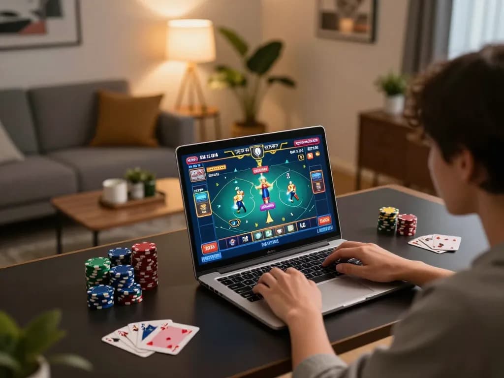 Engaging in online gambling at home with Sun Win, showcasing vibrant gameplay and strategic poker.