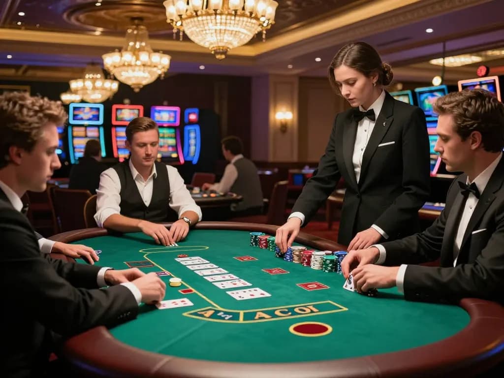 Baccarat players strategizing at a luxurious casino table, showcasing intense gameplay dynamics and opulent setting.